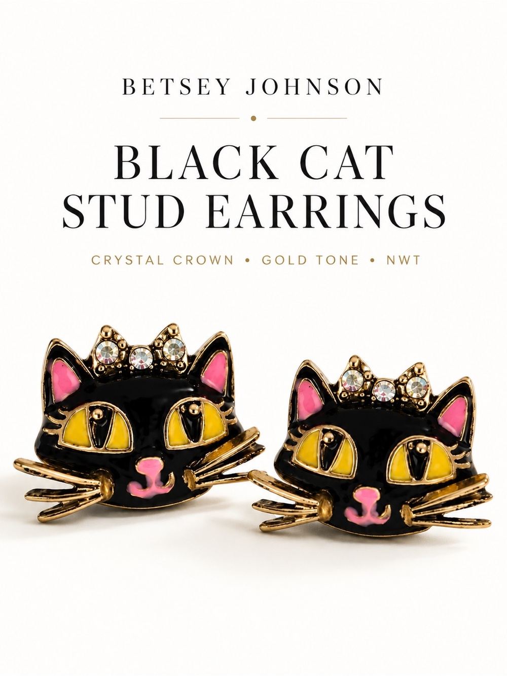 Betsey Johnson Enchanted Forest Black Cat Stud Earrings NWT